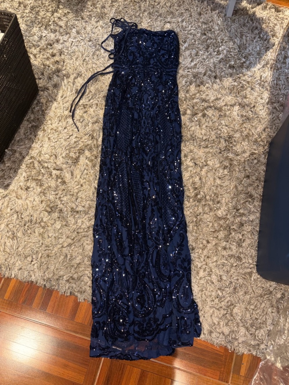 Navy Sequin Strapless Evening Gown